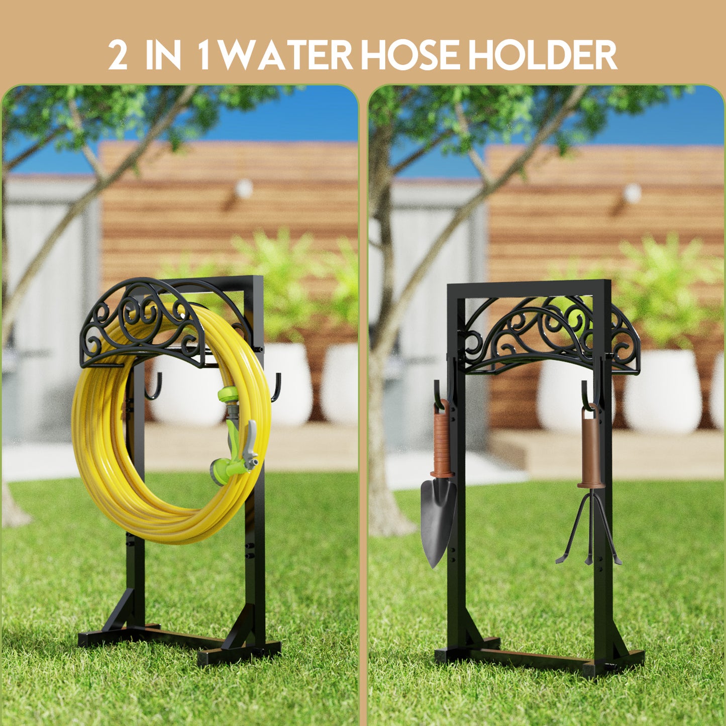 Garden Hose Holder Freestanding, Water Hose Holders for Outside with 4 Spikes, Heavy Duty 150ft Hose Hanger Metal Hose Stand Detachable Hose Reel Rack Organizer