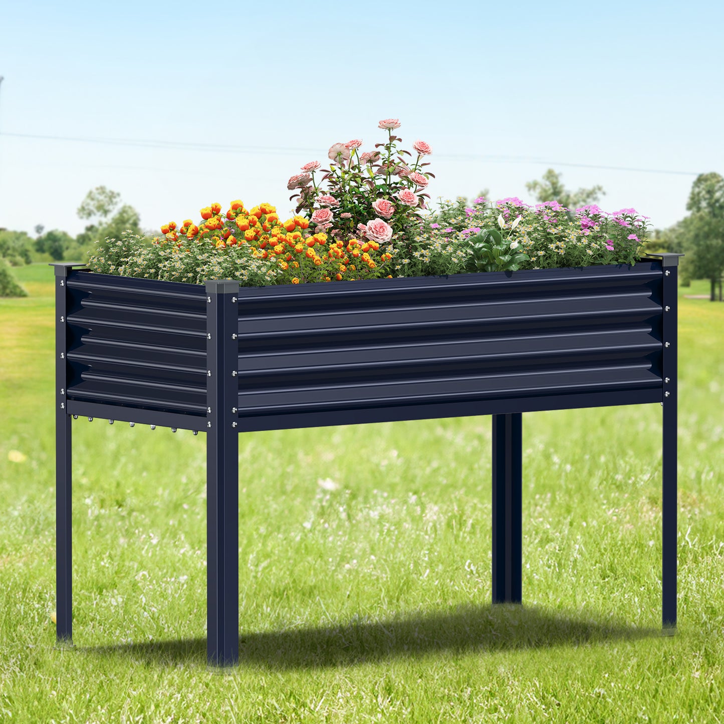 Raised Garden Bed with Legs, 48×24×32in Outdoor Metal Galvanized Elevated Planter Box with Glove, Socket Wrench, Screwdriver for Vegetables, Flower, Backyard, Patio, Balcony - Dark Blue