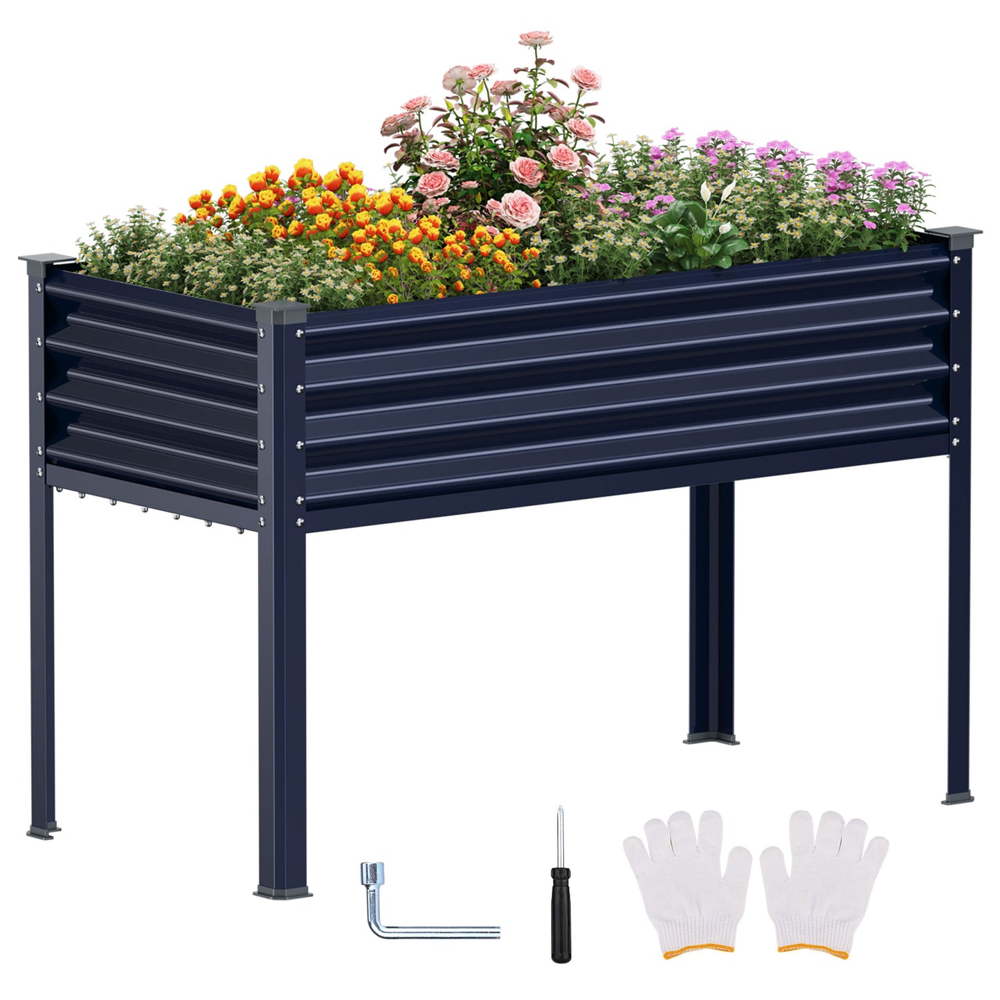 Raised Garden Bed with Legs, 48×24×32in Outdoor Metal Galvanized Elevated Planter Box with Glove, Socket Wrench, Screwdriver for Vegetables, Flower, Backyard, Patio, Balcony - Dark Blue