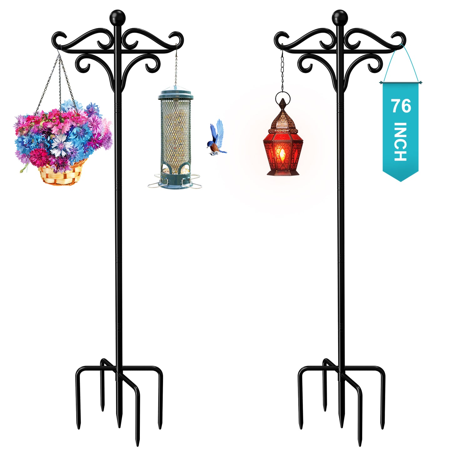 Shepherds Hooks for Outdoor, 76" Double Bird Feeder Poles with 5 Prongs, Adjustable Outdoor Plant Hanger Hooks for Bird Feeder, Plant Baskets, Lanterns, Wedding Decor(2 Pack)
