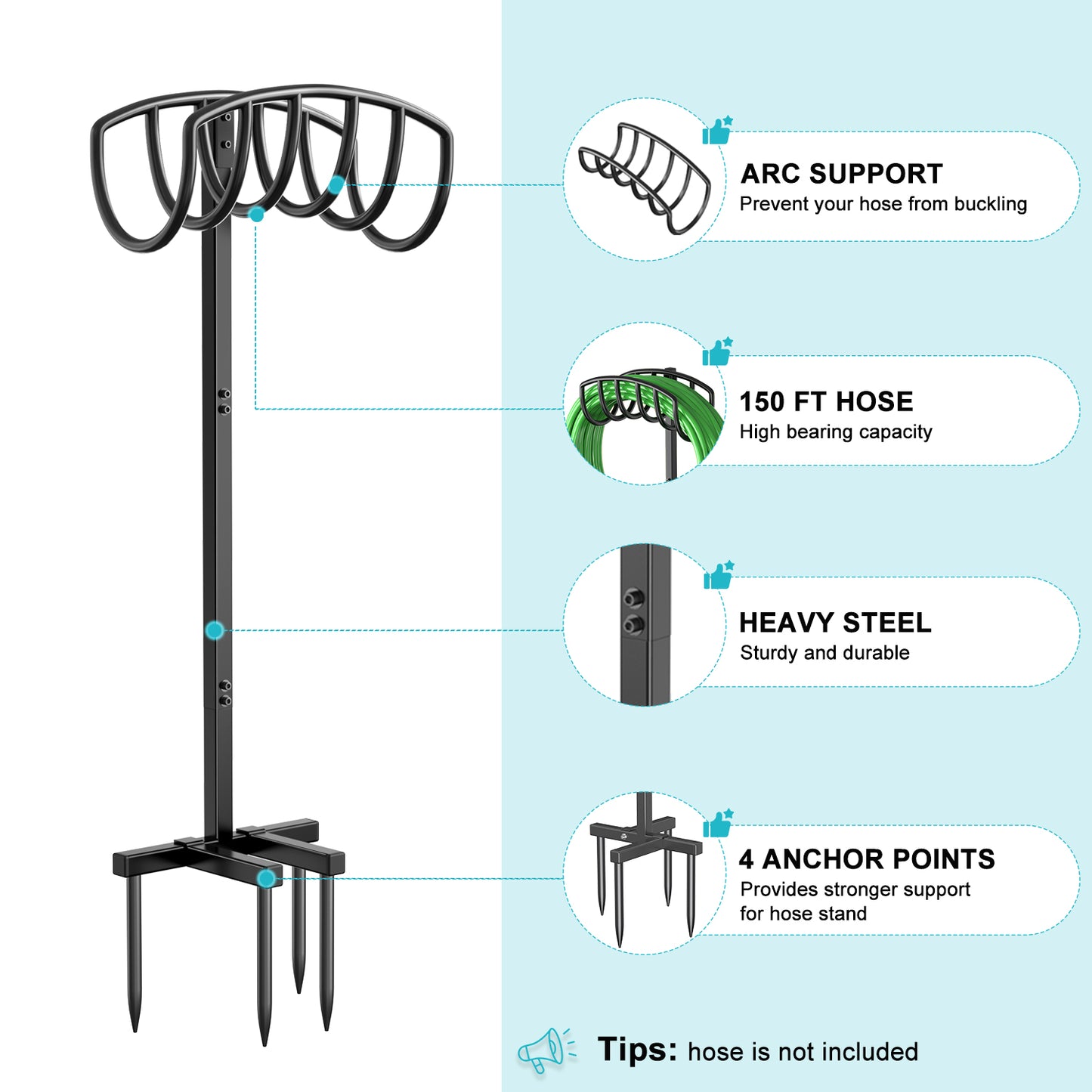 Garden Hose Holder, Detachable Metal Water Hose Holder Stand, Heavy Duty Freestanding Garden Hose Reel Rack and Hose Storage Organizer for Outside Yard