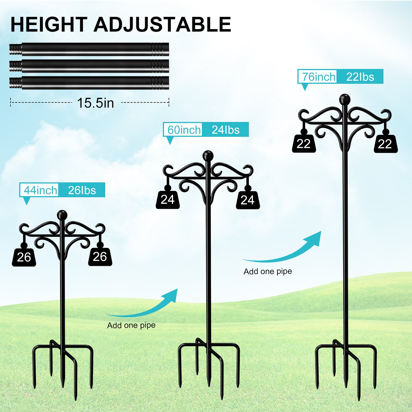 Shepherds Hooks for Outdoor, 76" Double Bird Feeder Poles with 5 Prongs, Adjustable Outdoor Plant Hanger Hooks for Bird Feeder, Plant Baskets, Lanterns, Wedding Decor(2 Pack)