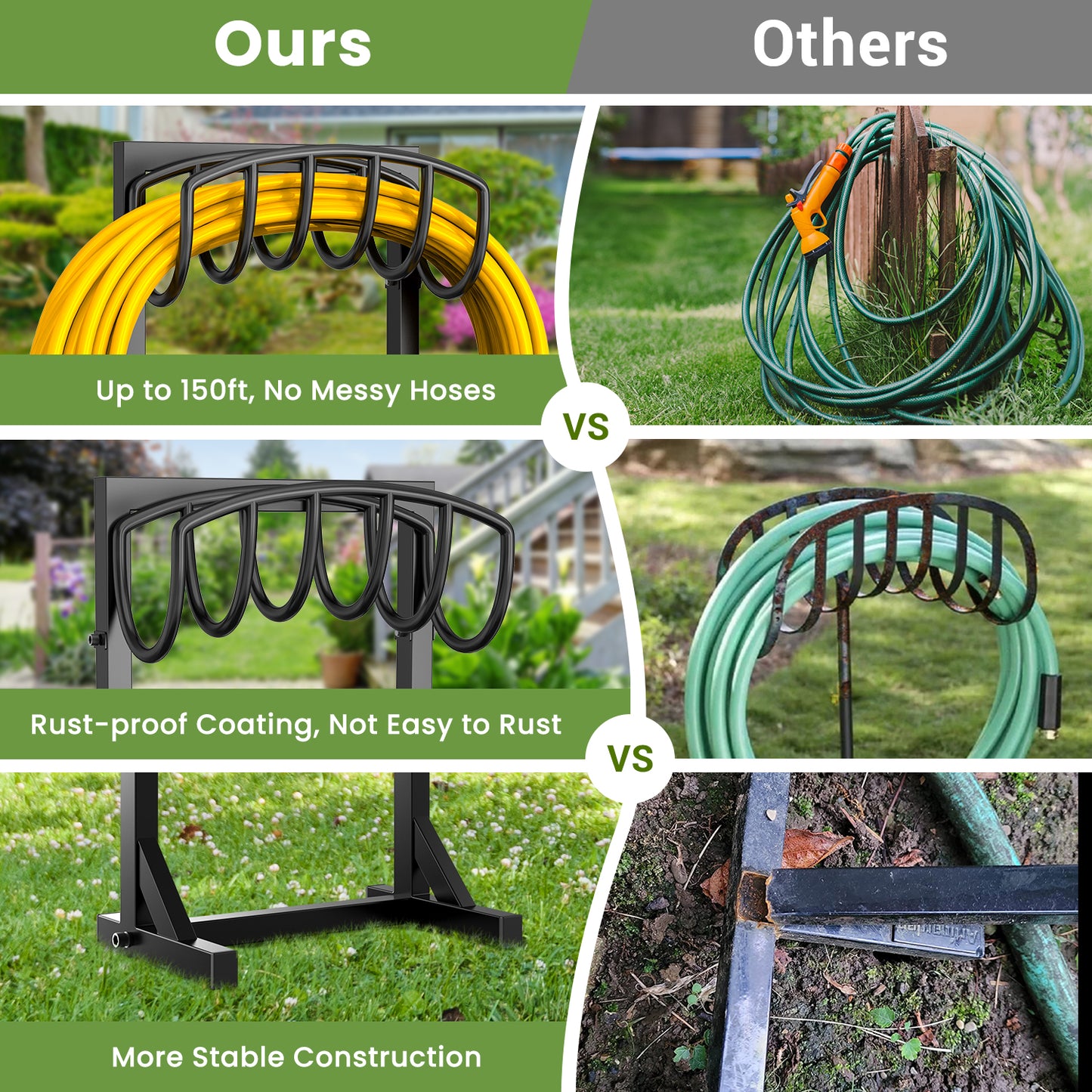 Garden Hose Holder Freestanding, Heavy Duty Metal Water Hose Reels for Outside, Detachable Garden Hose Storage Stand Rack, Black
