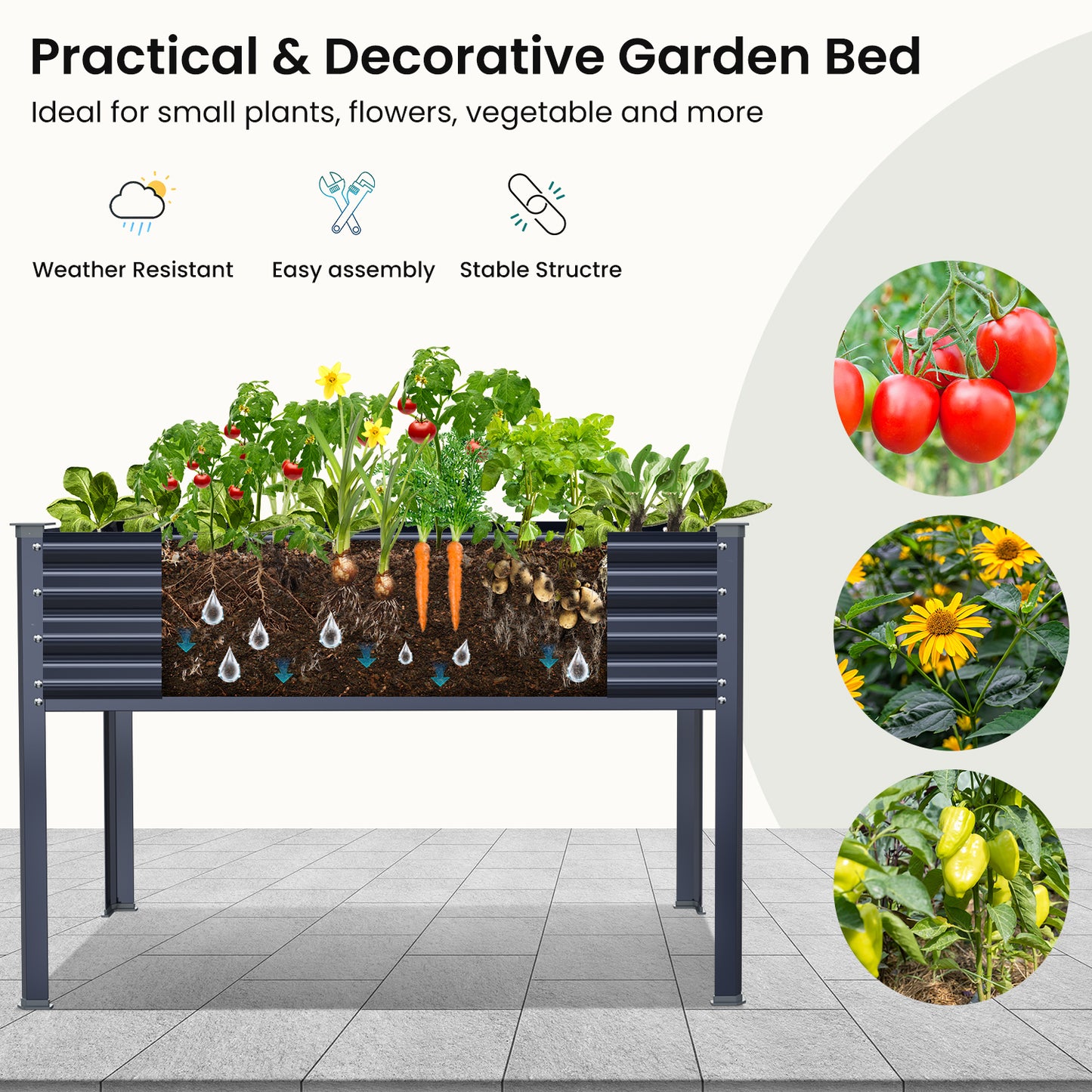 Raised Garden Bed with Legs, 48×24×32in Outdoor Metal Galvanized Elevated Planter Box with Glove, Socket Wrench, Screwdriver for Vegetables, Flower, Backyard, Patio, Balcony - Dark Blue
