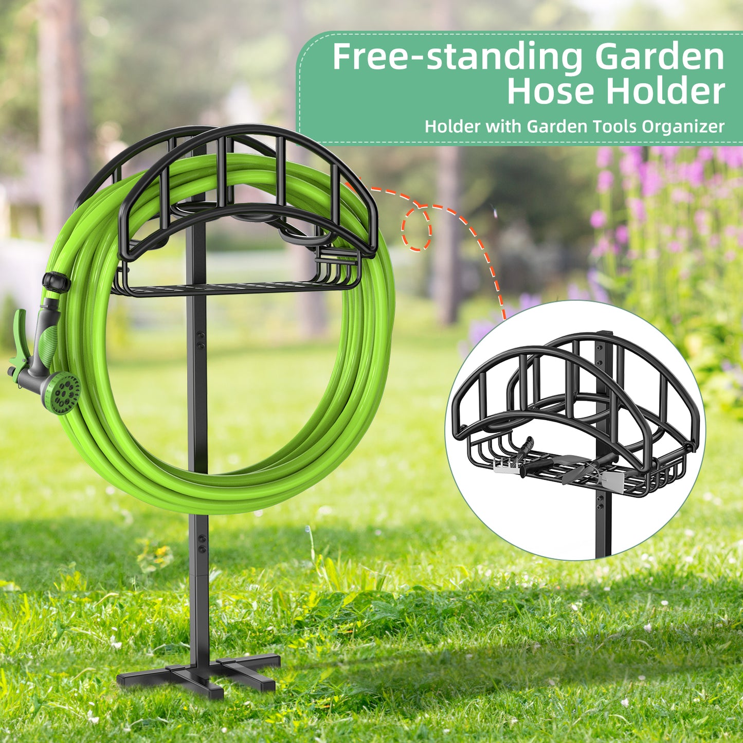 Garden Hose Holder with Basket, Freestanding Water Hose Reels Hanger, Detachable Heavy Duty Metal Water Hose Storage Stand Rack