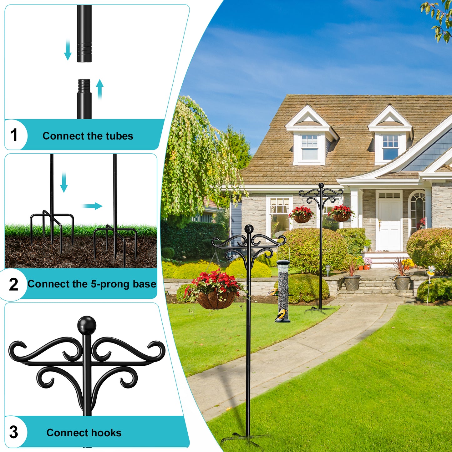 Shepherds Hooks for Outdoor, 76" Double Bird Feeder Poles with 5 Prongs, Adjustable Outdoor Plant Hanger Hooks for Bird Feeder, Plant Baskets, Lanterns, Wedding Decor(2 Pack)