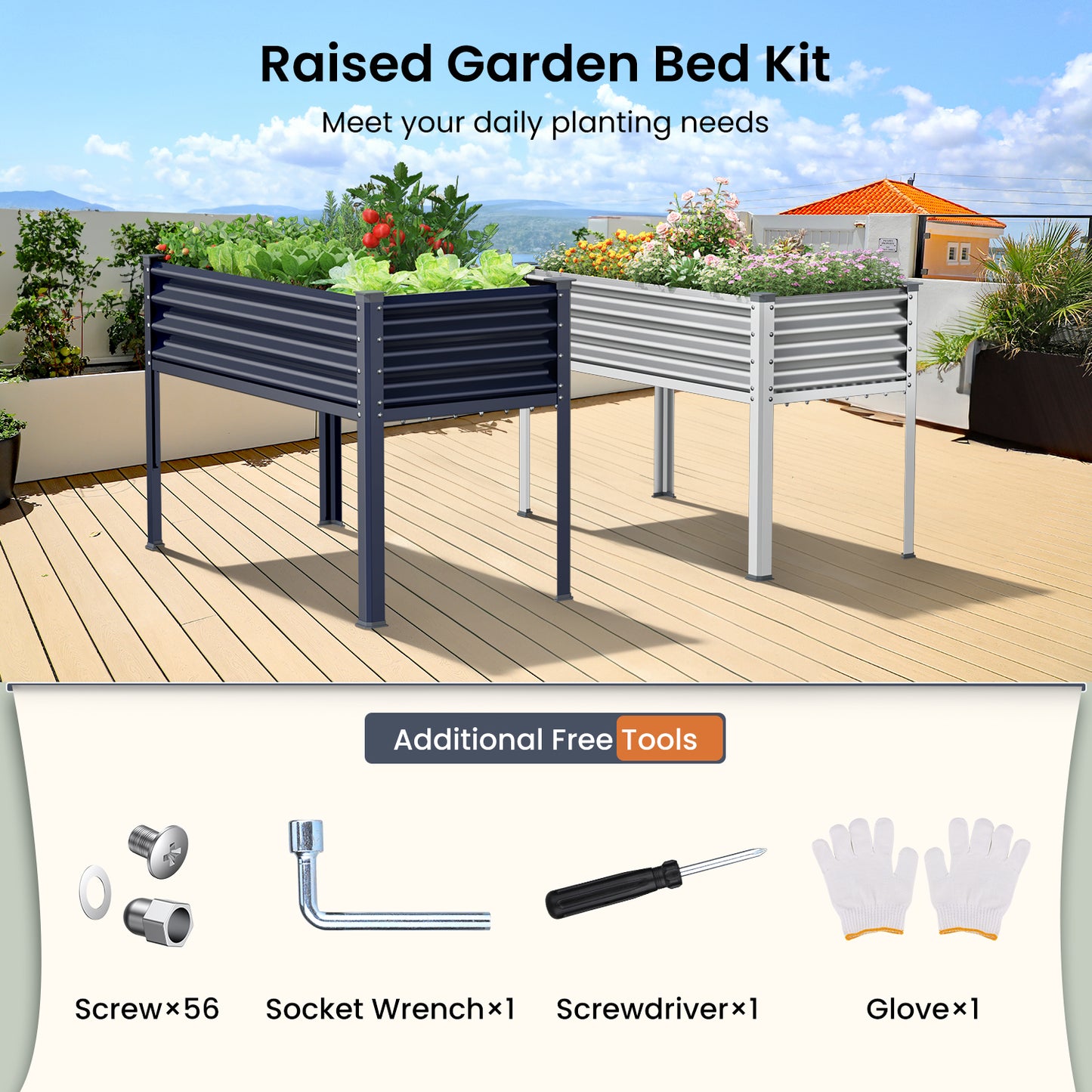 Raised Garden Bed with Legs, 48×24×32in Outdoor Metal Galvanized Elevated Planter Box with Glove, Socket Wrench, Screwdriver for Vegetables, Flower, Backyard, Patio, Balcony - Dark Blue