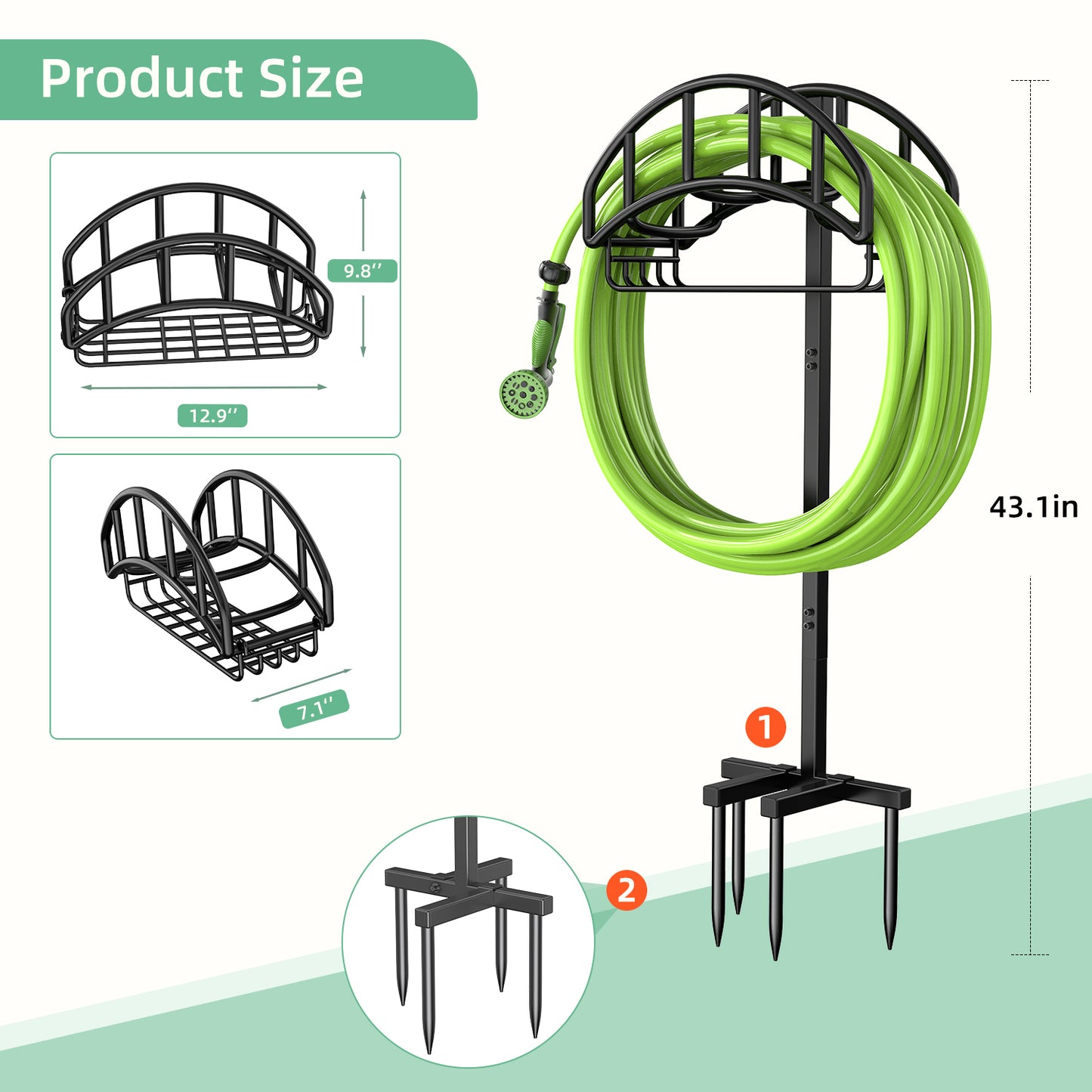 Garden Hose Holder with Basket, Freestanding Water Hose Reels Hanger, Detachable Heavy Duty Metal Water Hose Storage Stand Rack