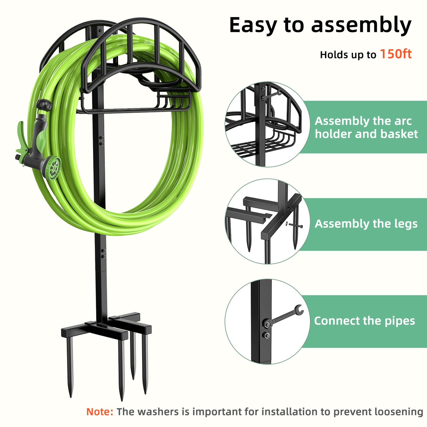 Garden Hose Holder with Basket, Freestanding Water Hose Reels Hanger, Detachable Heavy Duty Metal Water Hose Storage Stand Rack