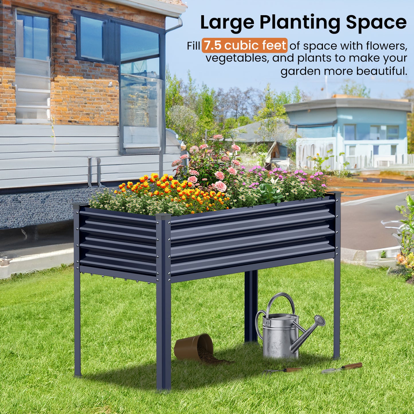Raised Garden Bed with Legs, 48×24×32in Outdoor Metal Galvanized Elevated Planter Box with Glove, Socket Wrench, Screwdriver for Vegetables, Flower, Backyard, Patio, Balcony - Dark Blue