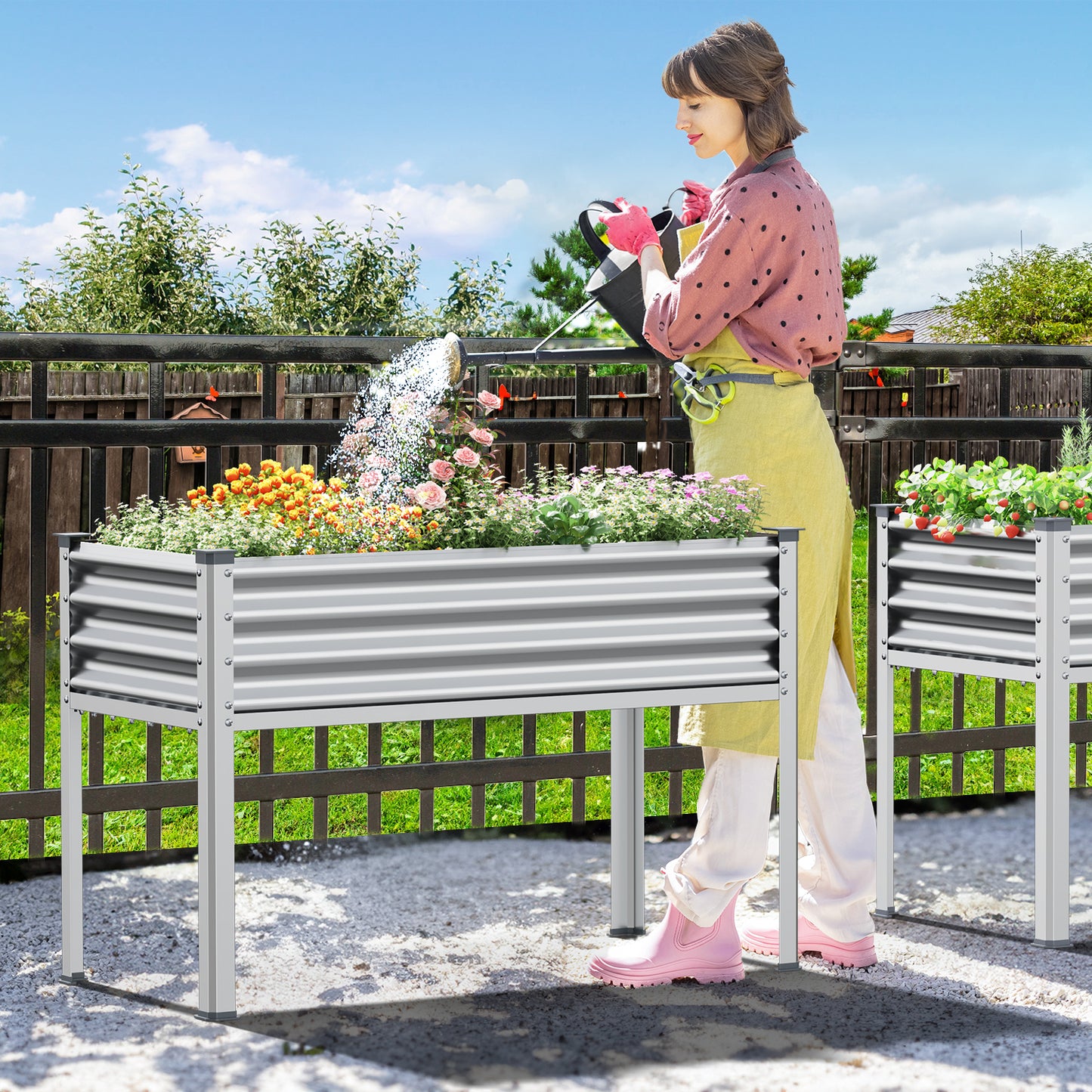 48"×24"×32" Raised Garden Bed with Legs, Outdoor Galvanized Steel Metal Elevated Planter Box with Glove, Socket Wrench, Screwdriver for Outdoor Gardening - Sliver