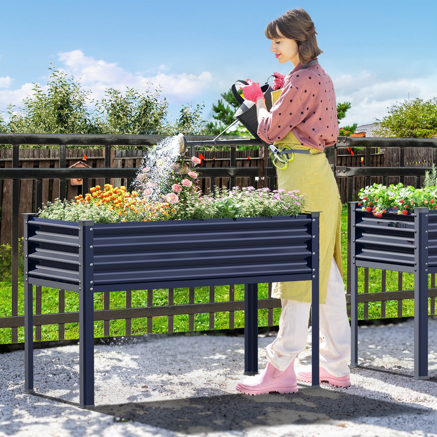 Raised Garden Bed with Legs, 48×24×32in Outdoor Metal Galvanized Elevated Planter Box with Glove, Socket Wrench, Screwdriver for Vegetables, Flower, Backyard, Patio, Balcony - Dark Blue