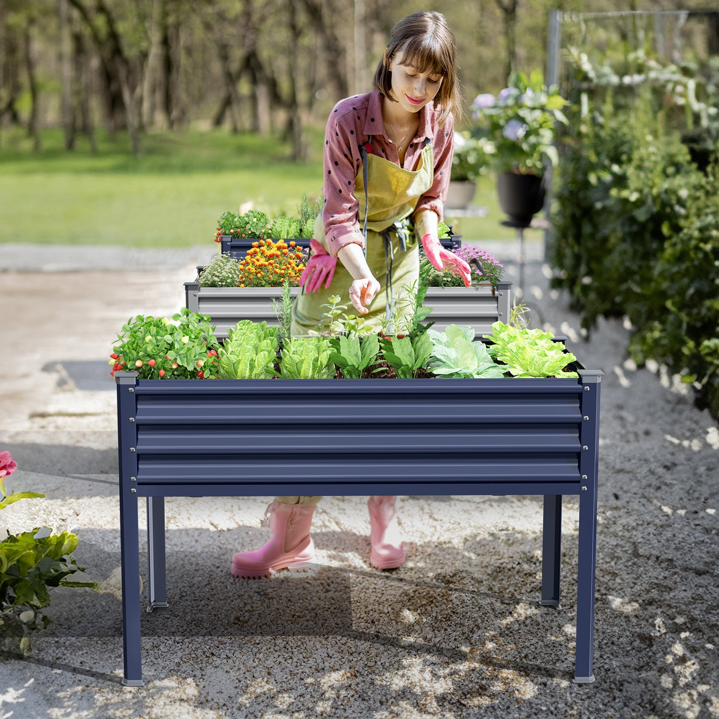 Raised Garden Bed with Legs, 48×24×32in Outdoor Metal Galvanized Elevated Planter Box with Glove, Socket Wrench, Screwdriver for Vegetables, Flower, Backyard, Patio, Balcony - Dark Blue