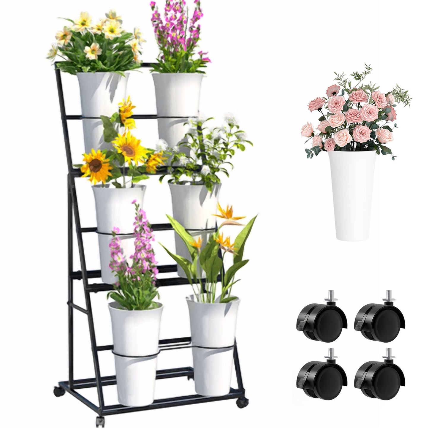 Flower Display Stand, 3 Layers Metal Plant Stand with Wheels, Multi-Purpose Storage, for Florist Indoor Wedding Dector, Black