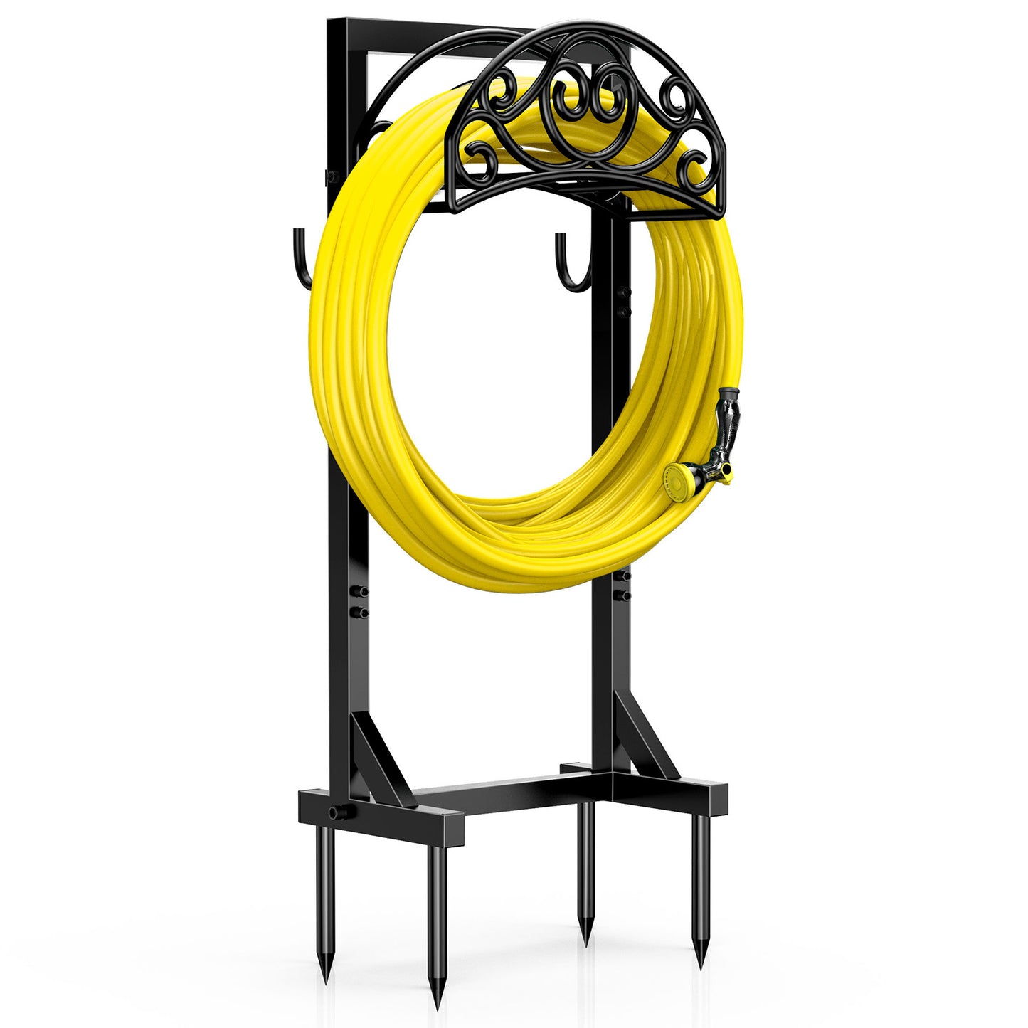 Garden Hose Holder Freestanding, Water Hose Holders for Outside with 4 Spikes, Heavy Duty 150ft Hose Hanger Metal Hose Stand Detachable Hose Reel Rack Organizer