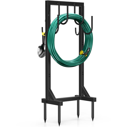Garden Hose Holder, Freestanding Water Hose Holder Hanger with 6 Hooks, Detachable Heavy Duty Metal Water Hose Reels Stand Rack