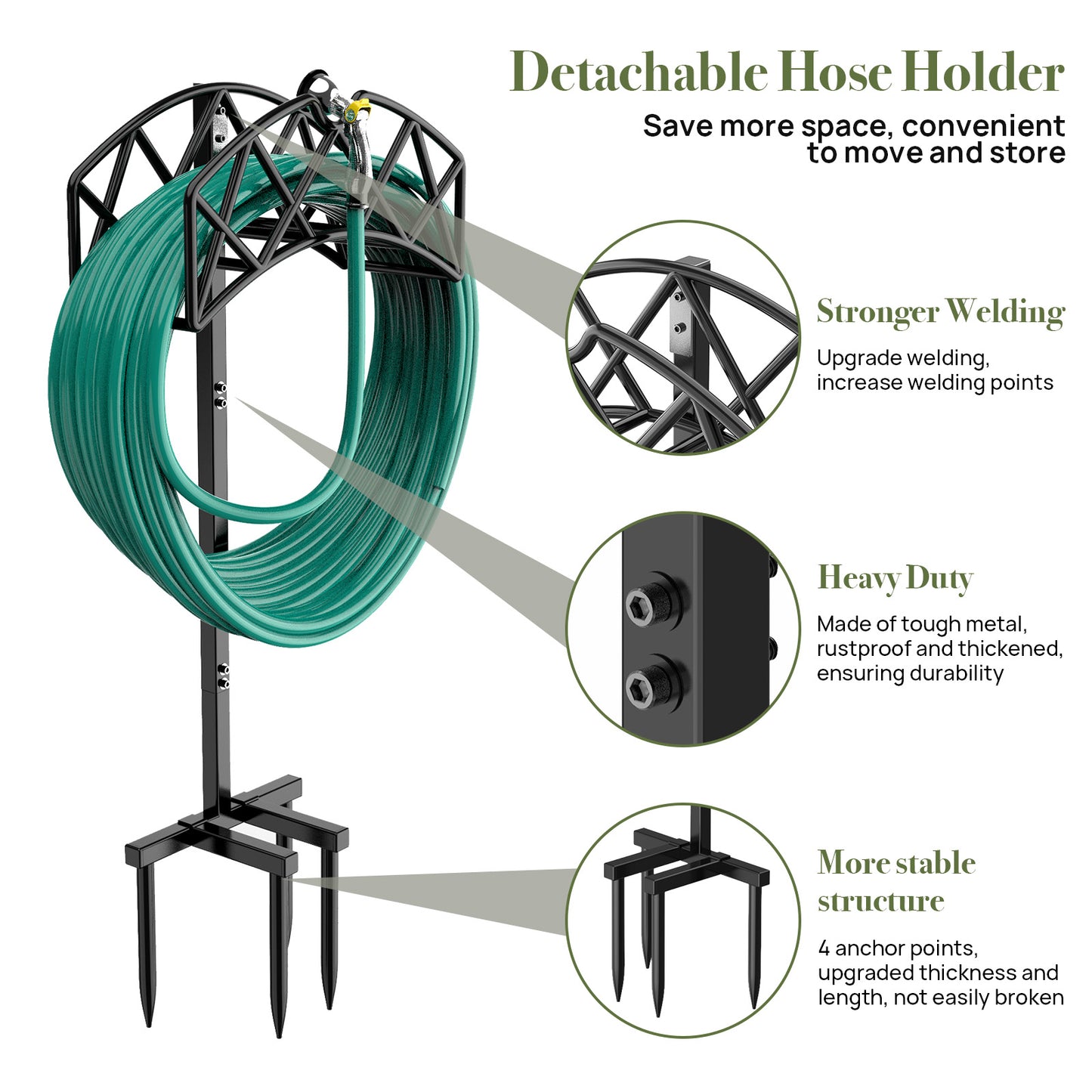 Garden Hose Holder Freestanding with 4 Spikes, Heavy Duty Hose Reels Detachable Metal Hose Storage Stand Rack for Lawn/Yard
