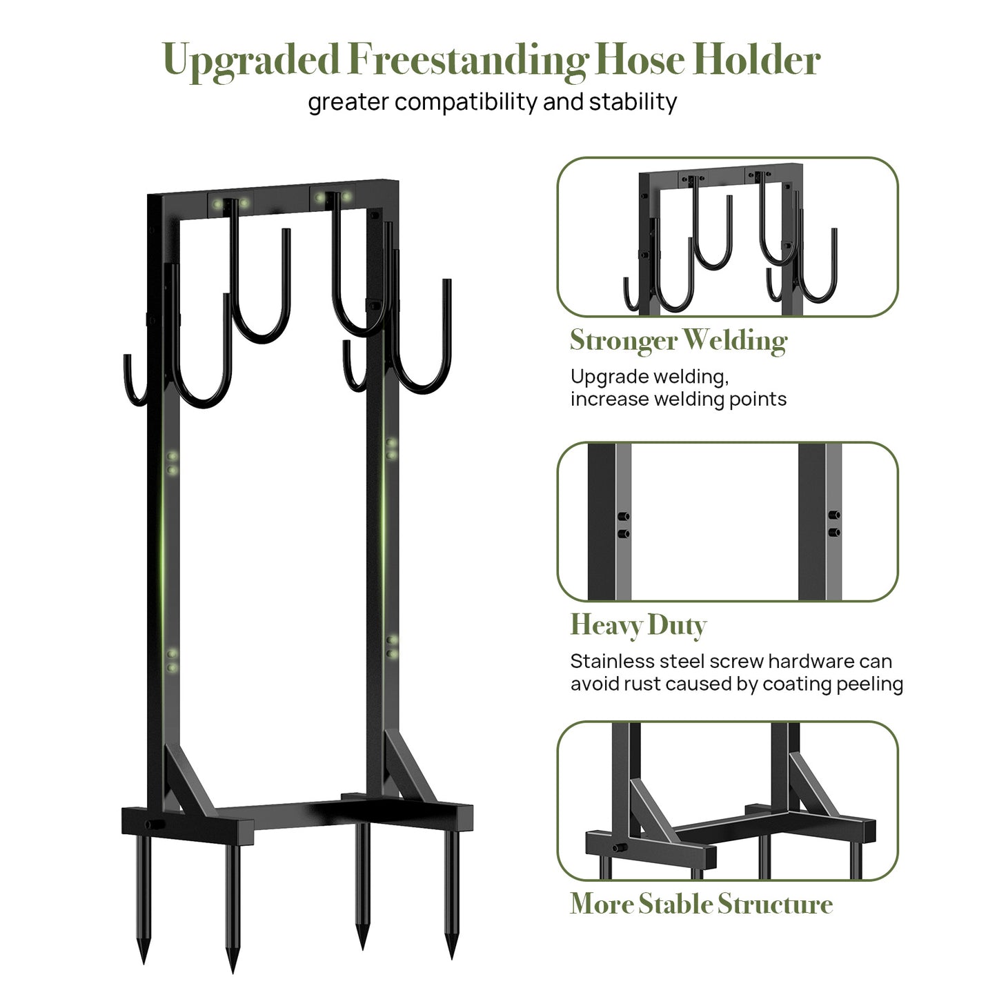 Garden Hose Holder, Freestanding Water Hose Holder Hanger with 6 Hooks, Detachable Heavy Duty Metal Water Hose Reels Stand Rack