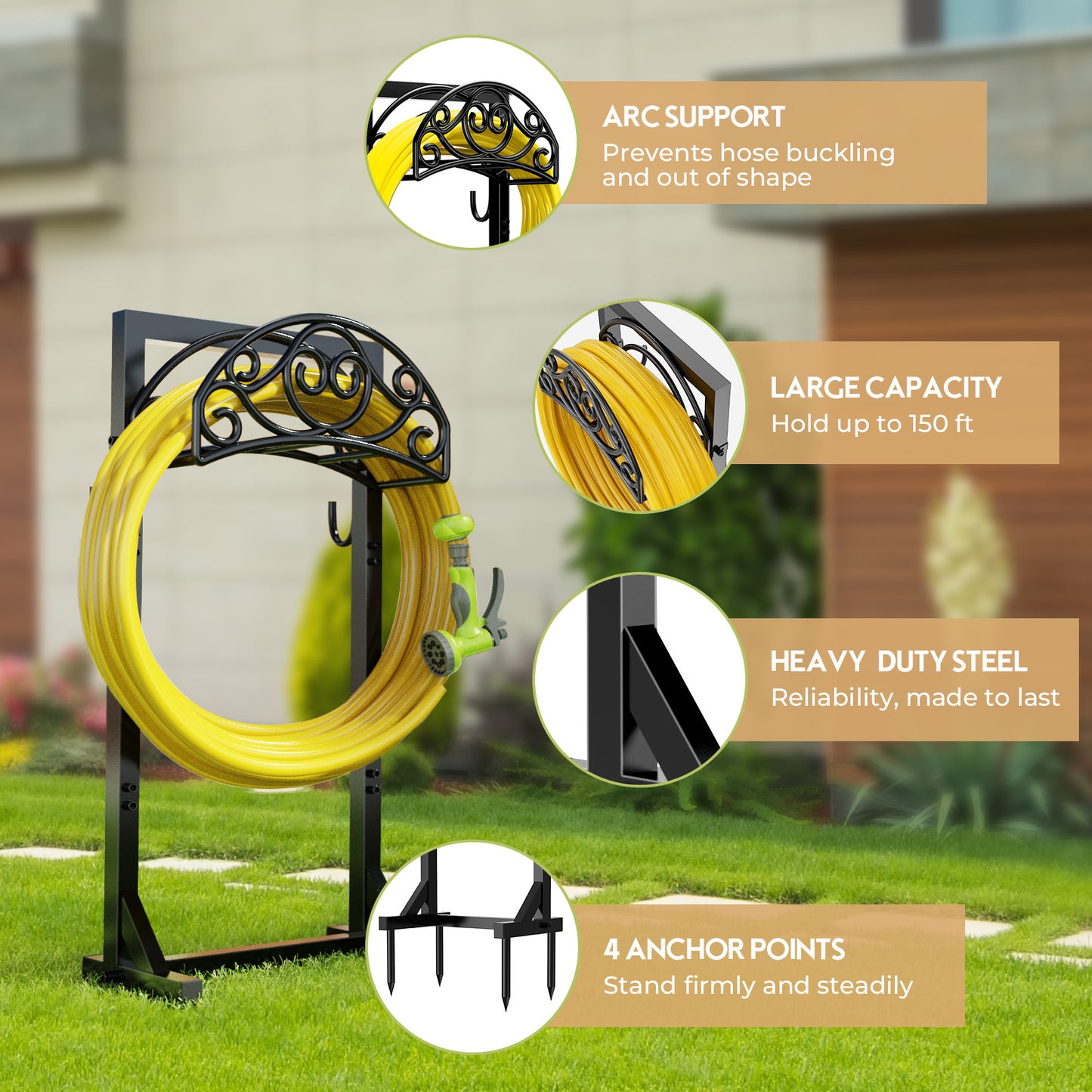 Garden Hose Holder Freestanding, Water Hose Holders for Outside with 4 Spikes, Heavy Duty 150ft Hose Hanger Metal Hose Stand Detachable Hose Reel Rack Organizer