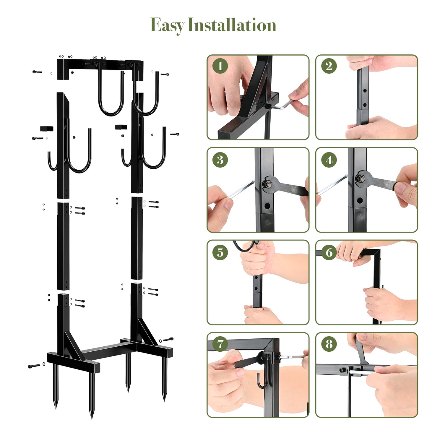Garden Hose Holder, Freestanding Water Hose Holder Hanger with 6 Hooks, Detachable Heavy Duty Metal Water Hose Reels Stand Rack