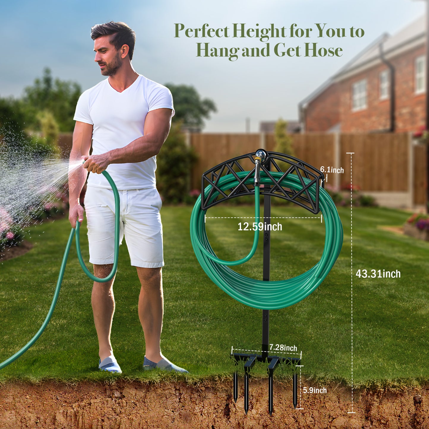 Garden Hose Holder Freestanding with 4 Spikes, Heavy Duty Hose Reels Detachable Metal Hose Storage Stand Rack for Lawn/Yard