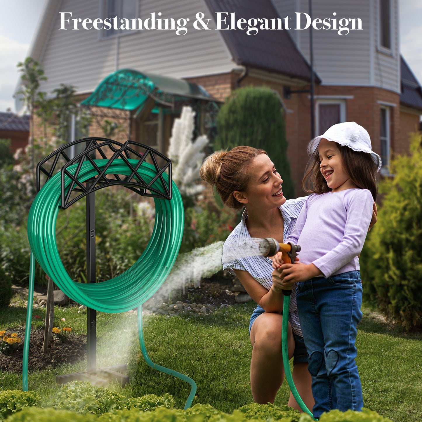 Garden Hose Holder Freestanding with 4 Spikes, Heavy Duty Hose Reels Detachable Metal Hose Storage Stand Rack for Lawn/Yard