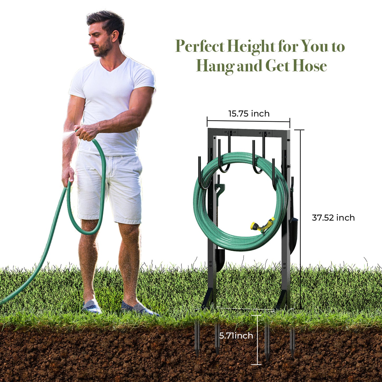 Garden Hose Holder, Freestanding Water Hose Holder Hanger with 6 Hooks, Detachable Heavy Duty Metal Water Hose Reels Stand Rack