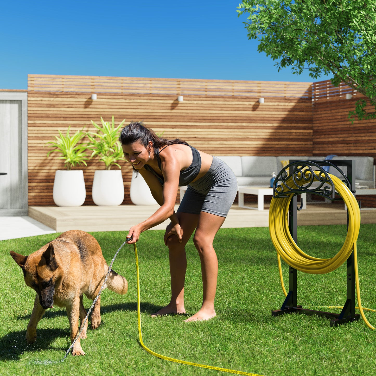 Garden Hose Holder Freestanding, Water Hose Holders for Outside with 4 Spikes, Heavy Duty 150ft Hose Hanger Metal Hose Stand Detachable Hose Reel Rack Organizer