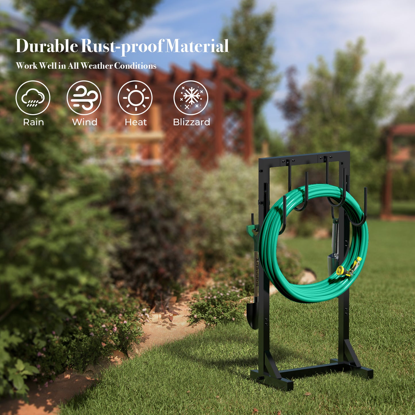 Garden Hose Holder, Freestanding Water Hose Holder Hanger with 6 Hooks, Detachable Heavy Duty Metal Water Hose Reels Stand Rack