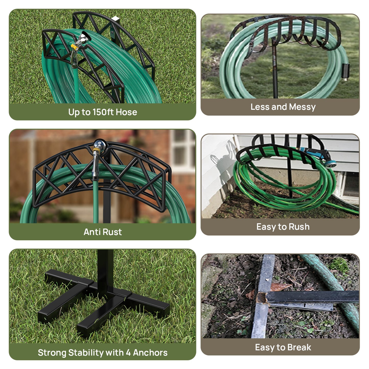 Garden Hose Holder Freestanding with 4 Spikes, Heavy Duty Hose Reels Detachable Metal Hose Storage Stand Rack for Lawn/Yard