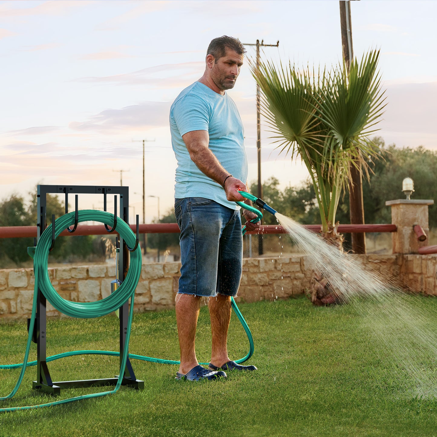 Garden Hose Holder, Freestanding Water Hose Holder Hanger with 6 Hooks, Detachable Heavy Duty Metal Water Hose Reels Stand Rack