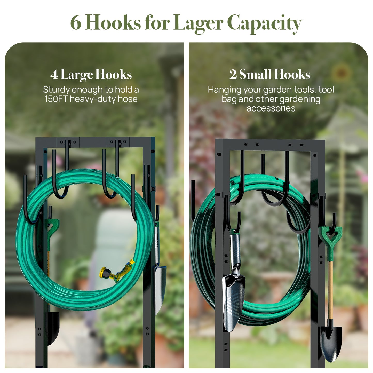 Garden Hose Holder, Freestanding Water Hose Holder Hanger with 6 Hooks, Detachable Heavy Duty Metal Water Hose Reels Stand Rack