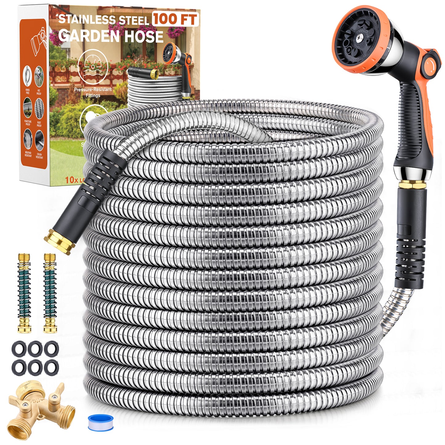 100ft 304 Stainless Steel Garden Hose Metal, Heavy Duty Water Hoses with Splitter & 6 Extra Rubber Washers for Lawn Watering, Outdoor - Flexible, Never Kink & Tangle, Puncture Resistant