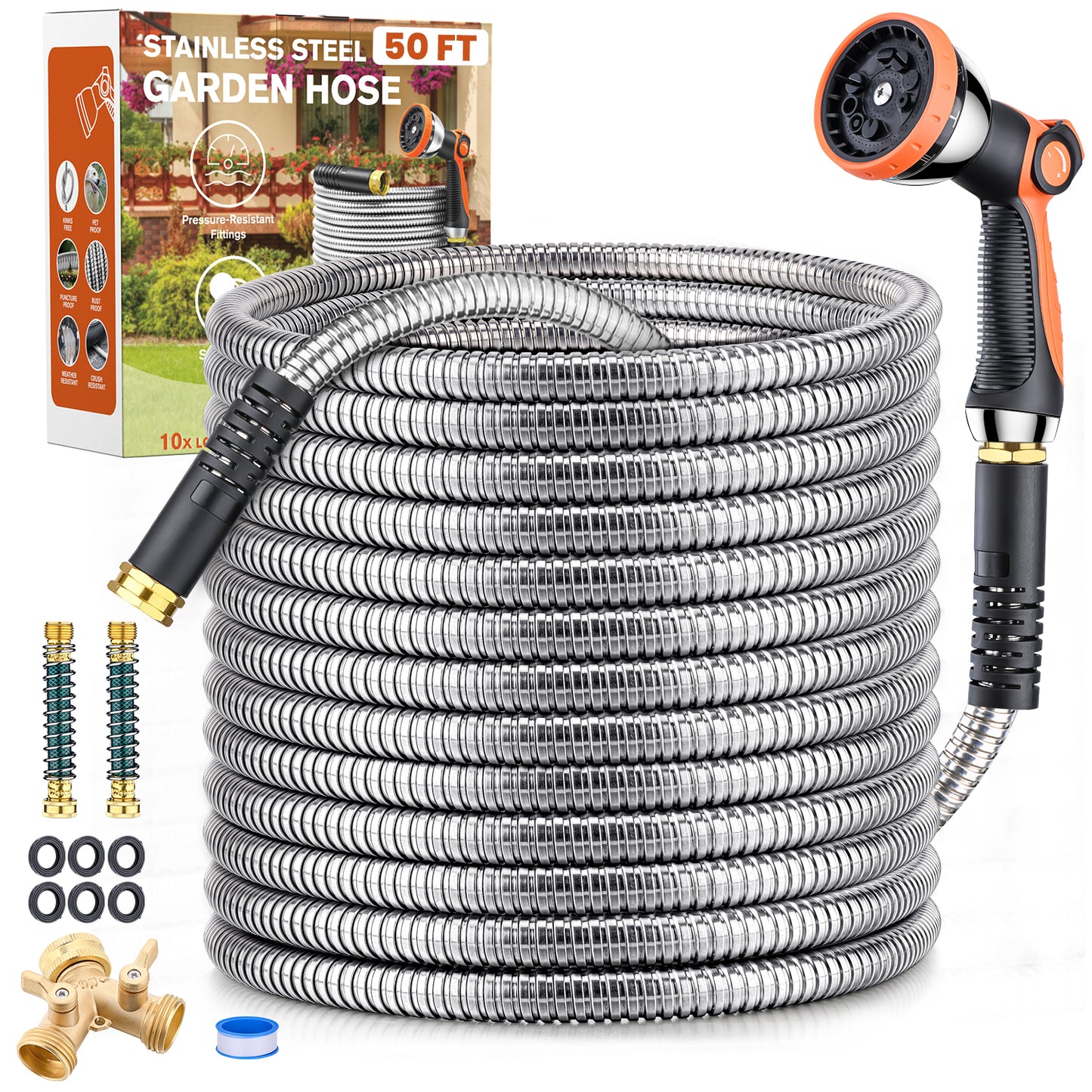 50ft 304 Stainless Steel Metal Garden Hose, Heavy Duty Water Hoses with Splitter & 6 Extra Rubber Washers for Lawn Watering, Outdoor - Flexible, Never Kink & Tangle, Puncture Resistant