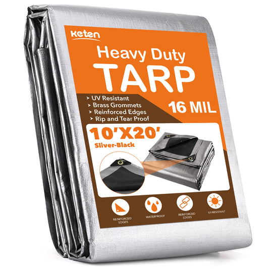 Tarps Heavy Duty Waterproof 10' X 20', Extra Thick 16 Mil, Tear & Fade Resistant, 100% UV Blocking, Outdoor Tarp with Reinforced Grommets for Roof, Camping, Patio, Pool, Boat(Silver/Black)