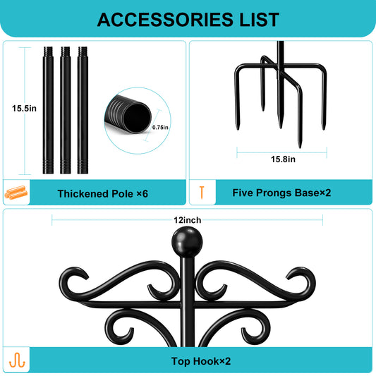 Shepherds Hooks for Outdoor, 76" Double Bird Feeder Poles with 5 Prongs, Adjustable Outdoor Plant Hanger Hooks for Bird Feeder, Plant Baskets, Lanterns, Wedding Decor(2 Pack)