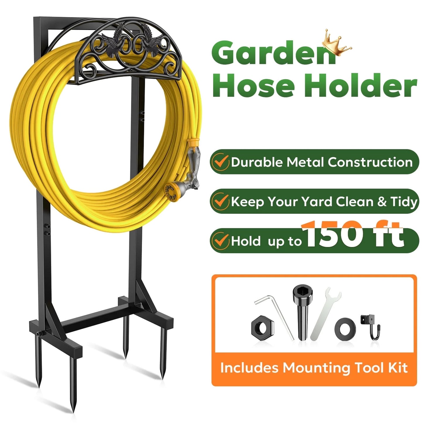 Garden Hose Holder Freestanding, Water Hose Holders for Outside with 4 Spikes, Heavy Duty 150ft Hose Hanger Metal Hose Stand Detachable Hose Reel Rack Organizer