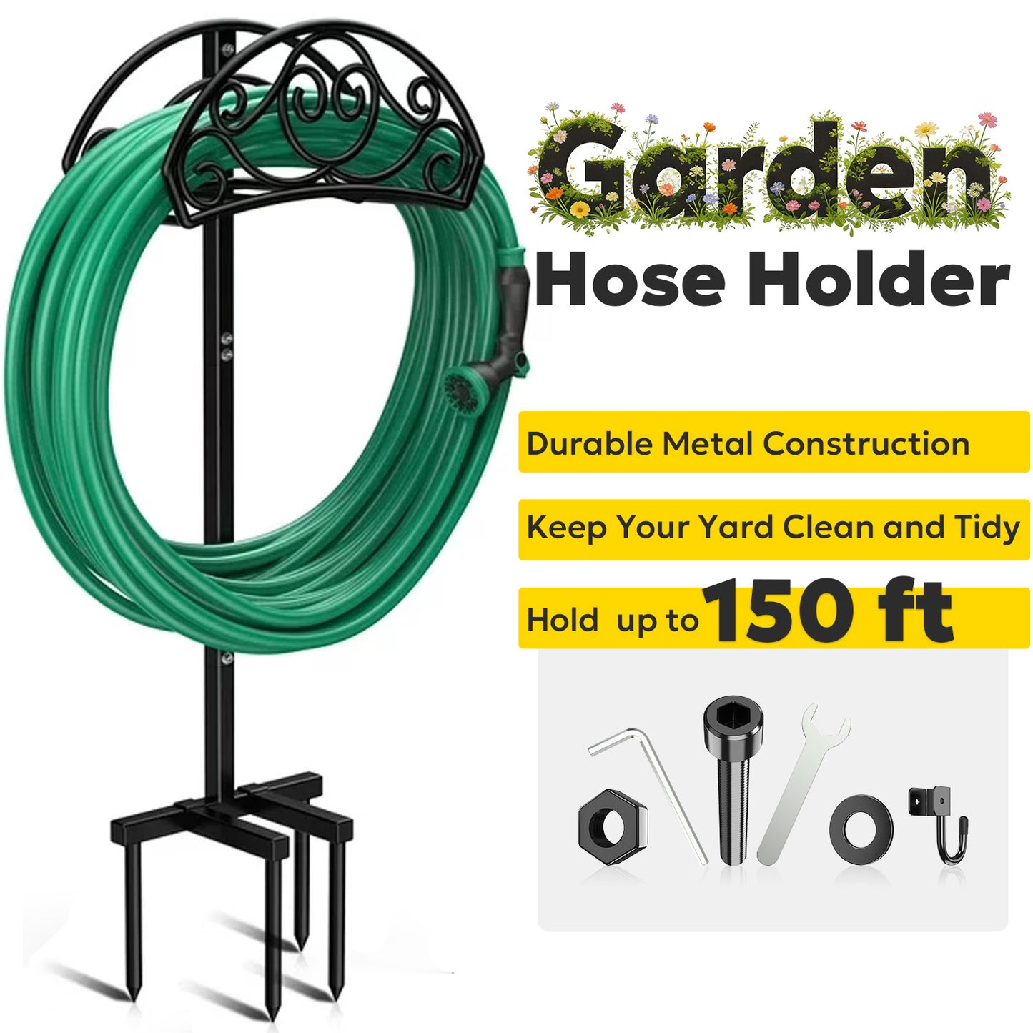 Garden Hose Holder, Heavy Duty Freestanding Hose Hanger Holds 150ft Hose, Outdoor Detachable Metal Water Hose Holder Stand Rack for Yard Lawn