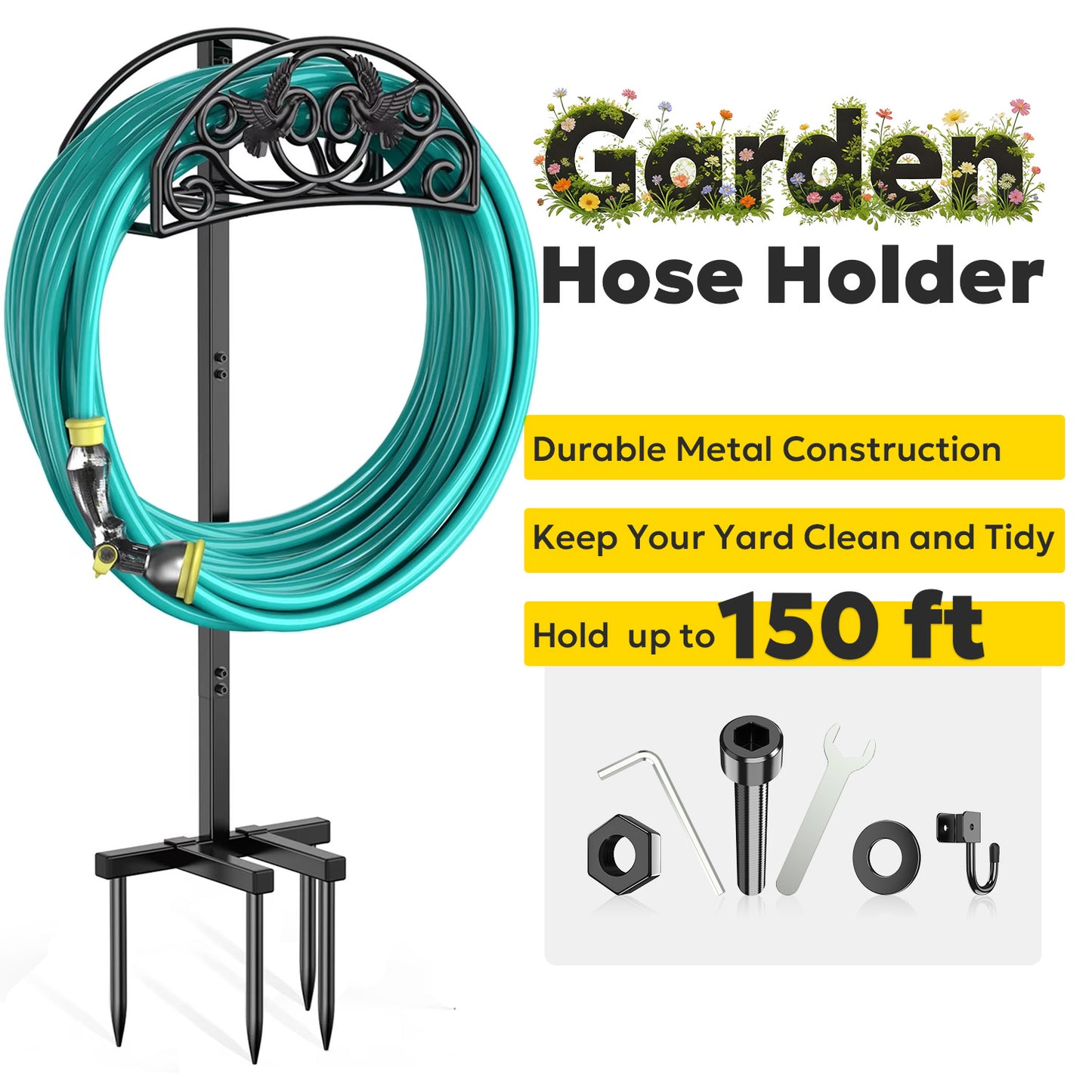 Garden Hose Holder, Freestanding Outdoor Hose Stand, Heavy Duty Water Hose Reels Rack and Storage Organizer for Lawn/Yard/Garden
