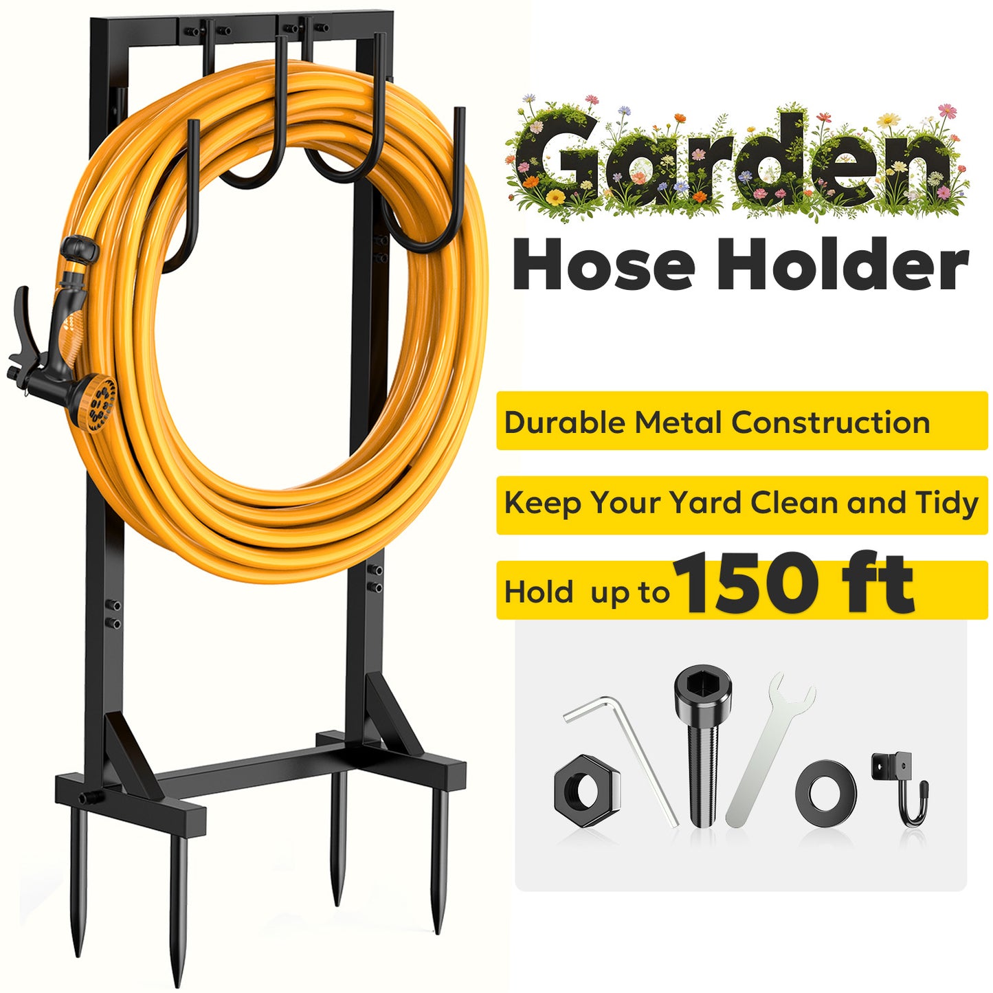 Garden Hose Holder, Freestanding Water Hose Holder Hanger with 6 Hooks, Detachable Heavy Duty Metal Water Hose Reels Stand Rack