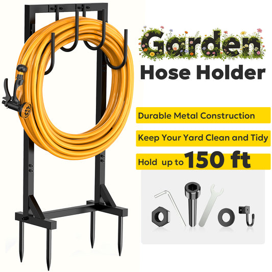 Garden Hose Holder, Freestanding Water Hose Holder Hanger with 6 Hooks, Detachable Heavy Duty Metal Water Hose Reels Stand Rack