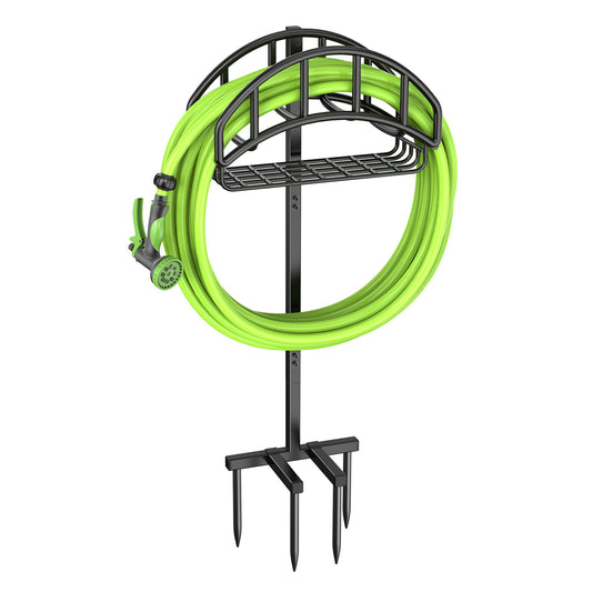 Garden Hose Holder with Basket, Freestanding Water Hose Reels Hanger, Detachable Heavy Duty Metal Water Hose Storage Stand Rack