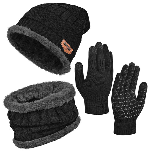 3 PCS Winter Warm Set, Winter Gloves Beanie Hat Neck Scarf Cold Weather Accessories for Men & Women - Black