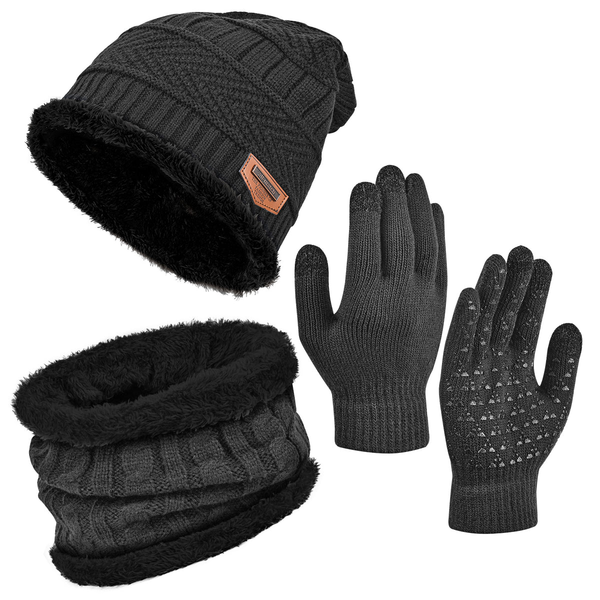 3 PCS Winter Warm Set, Winter Gloves Beanie Hat Neck Scarf Cold Weather Accessories for Men & Women - Gray