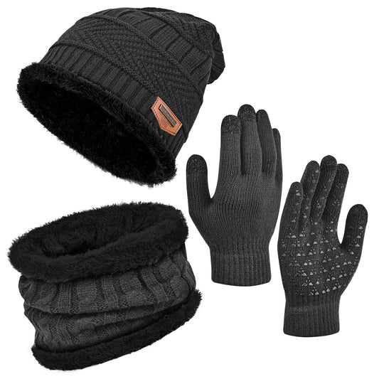 3 PCS Winter Warm Set, Winter Gloves Beanie Hat Neck Scarf Cold Weather Accessories for Men & Women - Gray