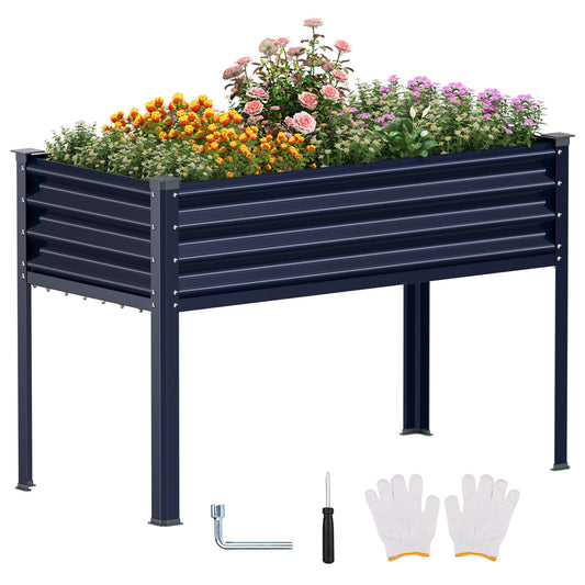 Raised Garden Bed with Legs, 48×24×32in Outdoor Metal Galvanized Elevated Planter Box with Glove, Socket Wrench, Screwdriver for Vegetables, Flower, Backyard, Patio, Balcony - Dark Blue