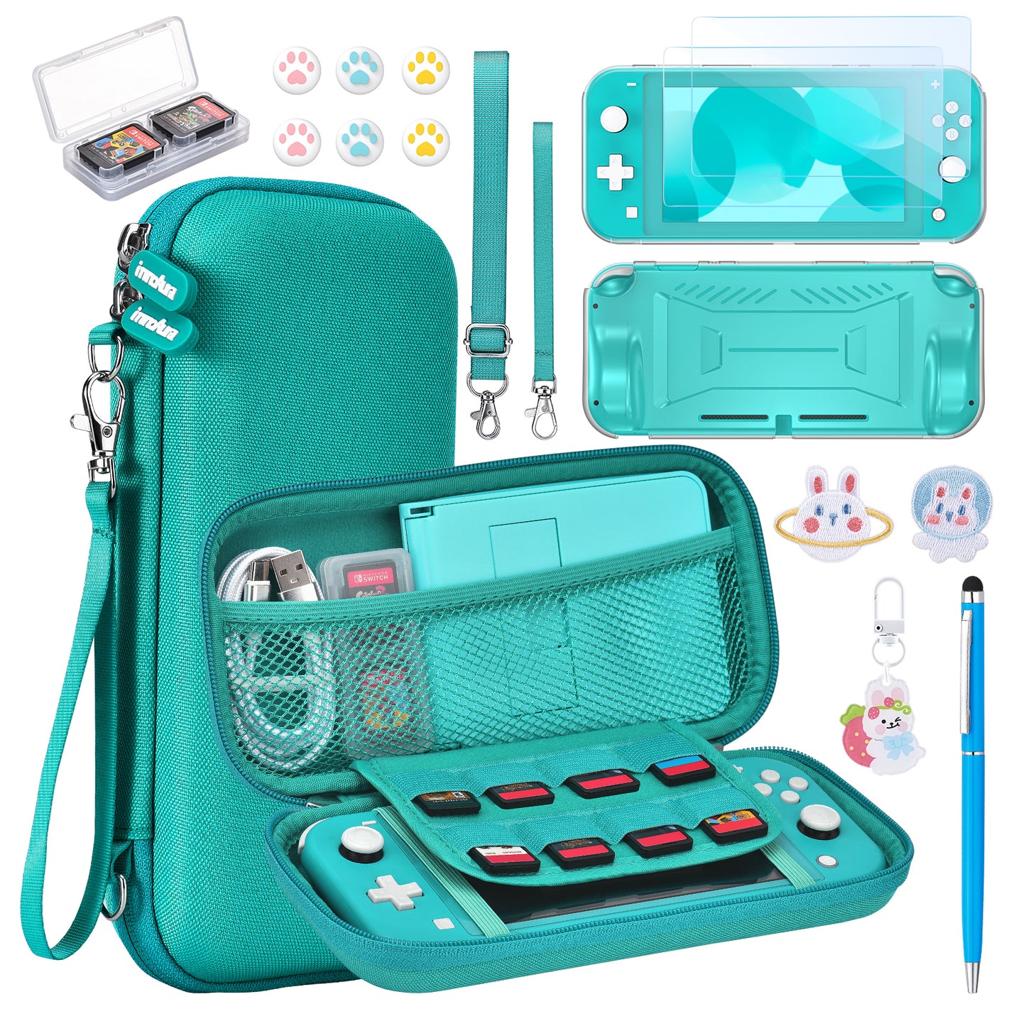 Switch Lite Case, 17 in 1 Switch Lite Accessories Bundle with Carrying Case, Game Case, Screen Protector, Stand, Thumb Grips - Green
