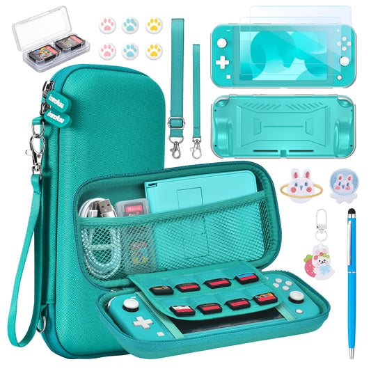 Switch Lite Case, 17 in 1 Switch Lite Accessories Bundle with Carrying Case, Game Case, Screen Protector, Stand, Thumb Grips - Green