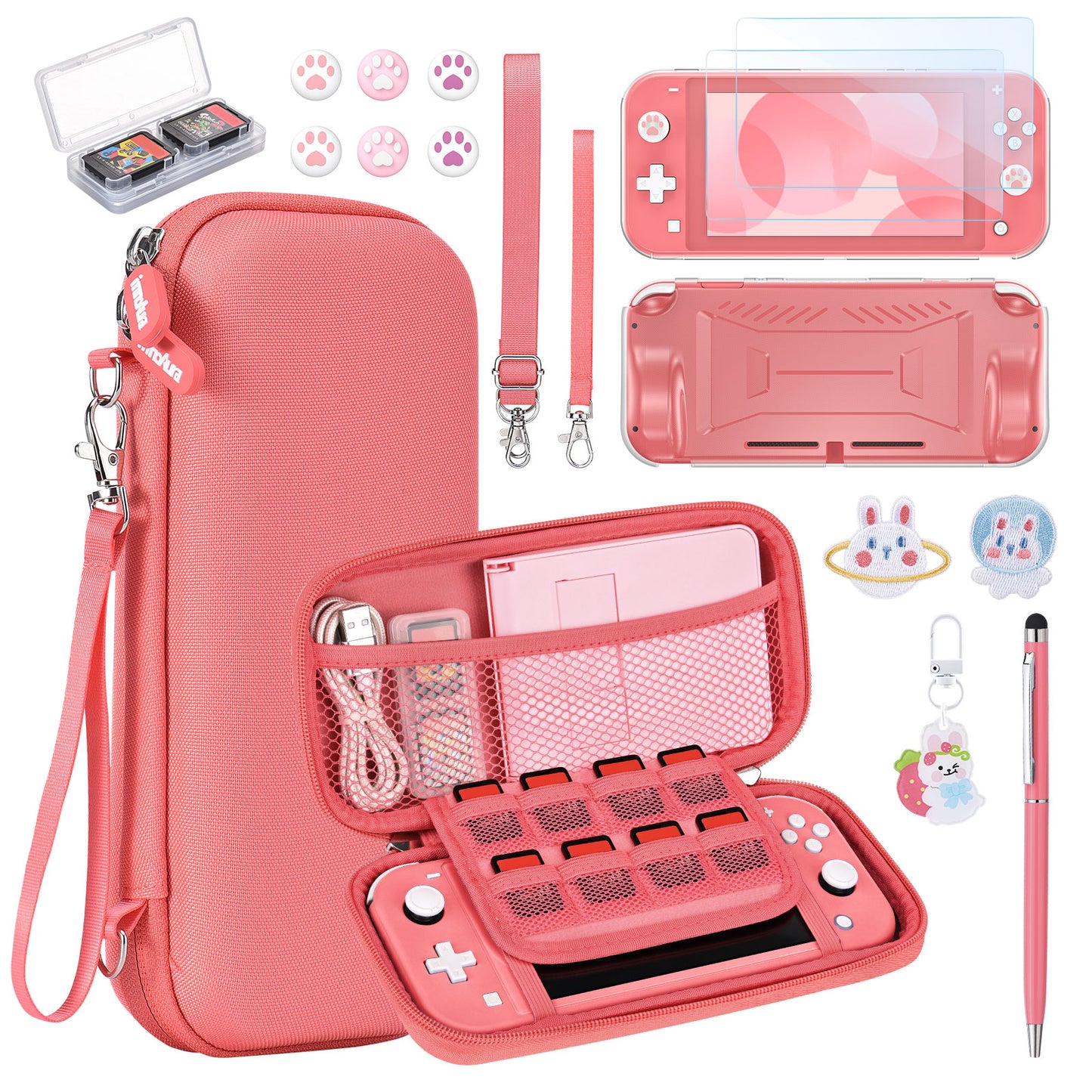 Switch Lite Case, 17 in 1 Switch Lite Accessories Bundle with Carrying Case, Game Case, Screen Protector, Stand, Thumb Grips - Pink