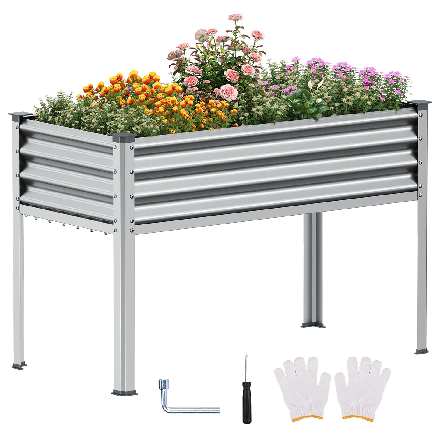 48"×24"×32" Raised Garden Bed with Legs, Outdoor Galvanized Steel Metal Elevated Planter Box with Glove, Socket Wrench, Screwdriver for Outdoor Gardening - Sliver